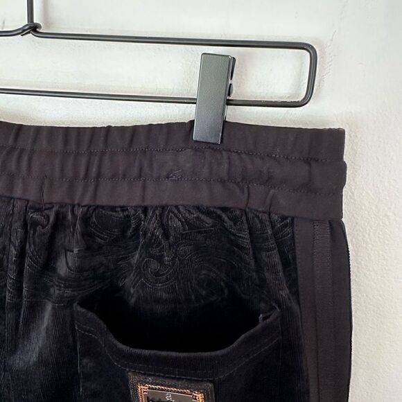 Black Velvet Star Embossed Elastic Waist Drawstring Straight Leg Tuxedo Stripe P - Picture 10 of 16